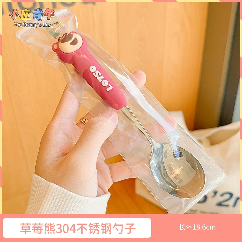 草莓熊可爱儿童勺子西瓜叉子家用304不锈钢调羹吃饭汤勺硅胶餐具