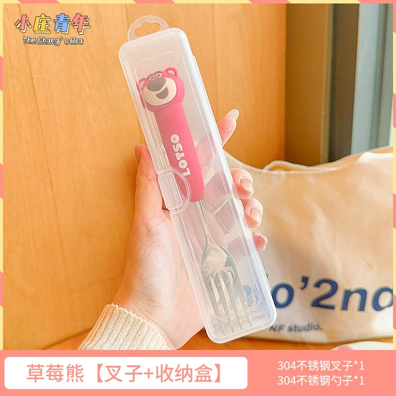 草莓熊可爱儿童勺子西瓜叉子家用304不锈钢调羹吃饭汤勺硅胶餐具