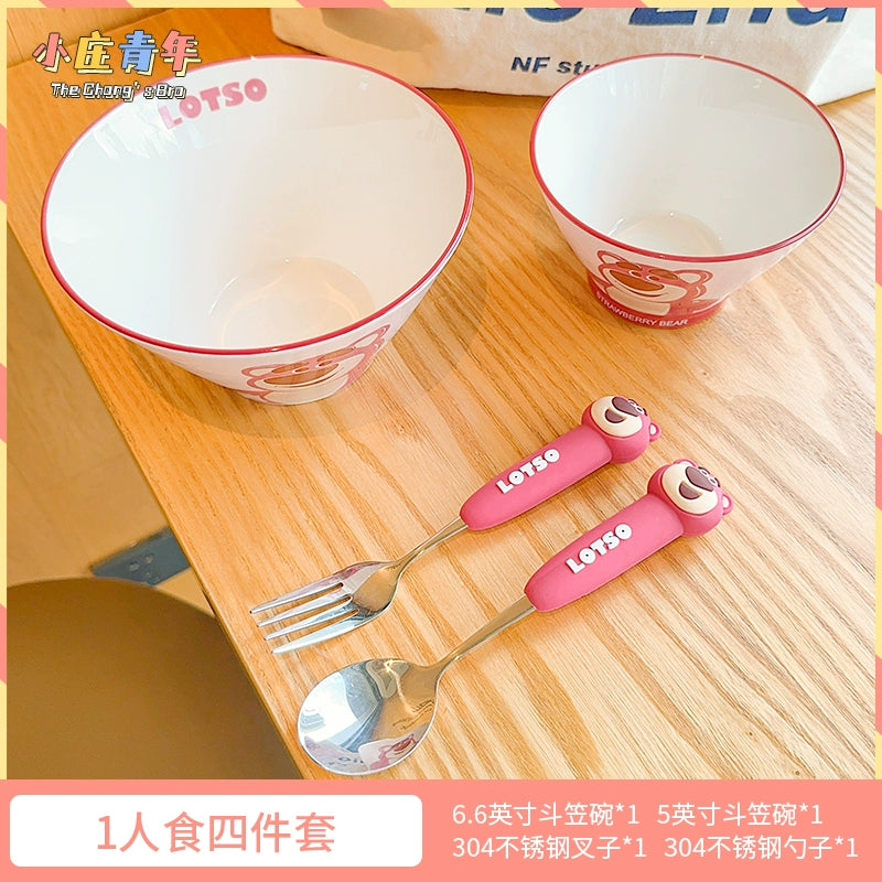 草莓熊可爱儿童勺子西瓜叉子家用304不锈钢调羹吃饭汤勺硅胶餐具