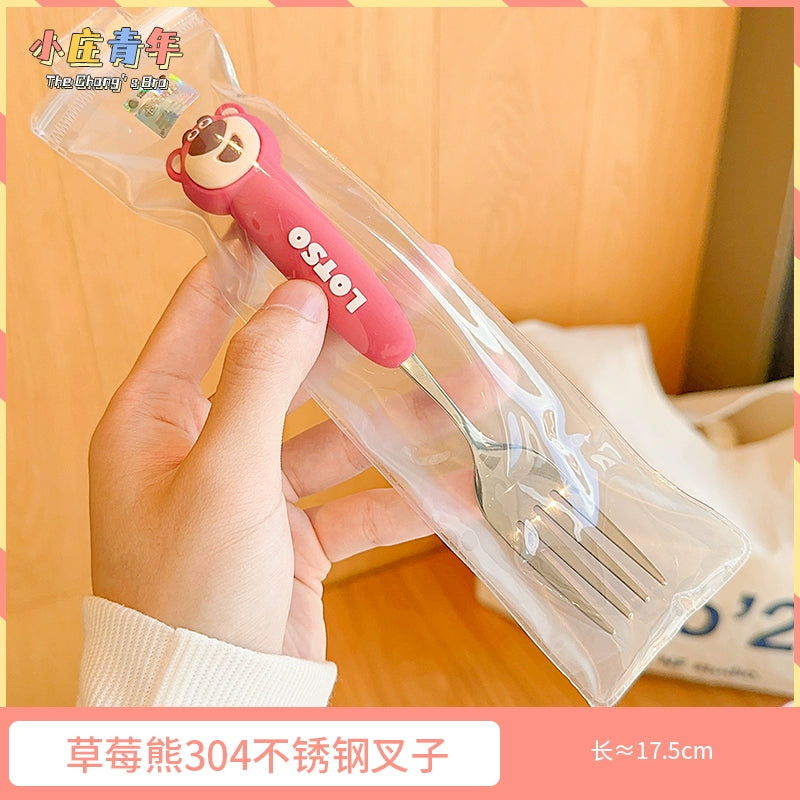 草莓熊可爱儿童勺子西瓜叉子家用304不锈钢调羹吃饭汤勺硅胶餐具